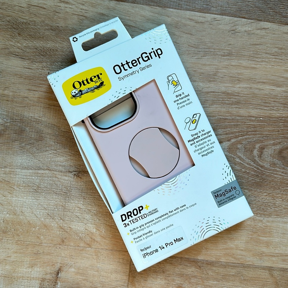 Ottergrip iPhone 14 Pro Max MagSafe phone case blush pink, built in popsocket